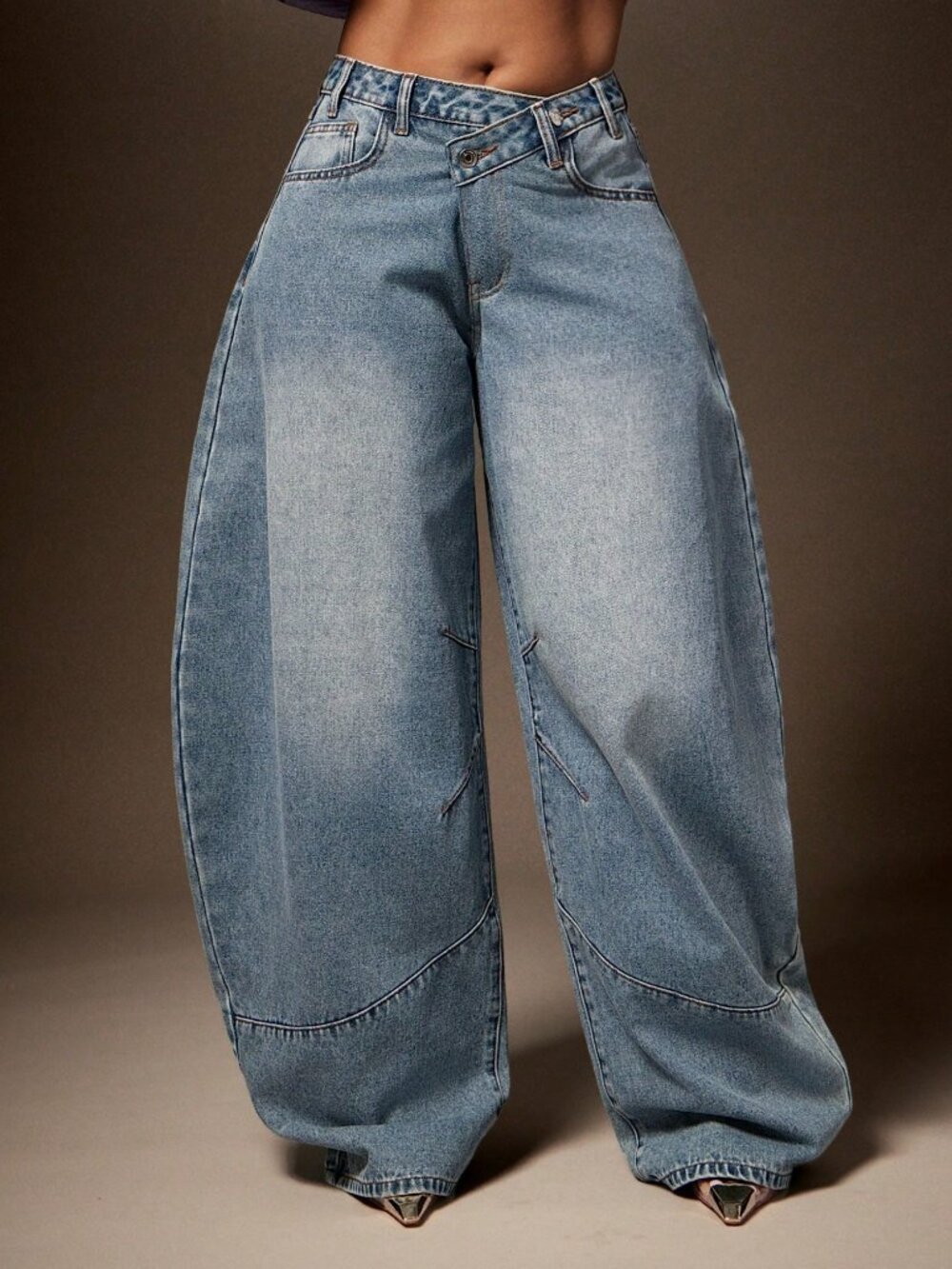 Light Wash Casual Women's Asymmetrical Waist Barrel Wide Leg Denim Pants